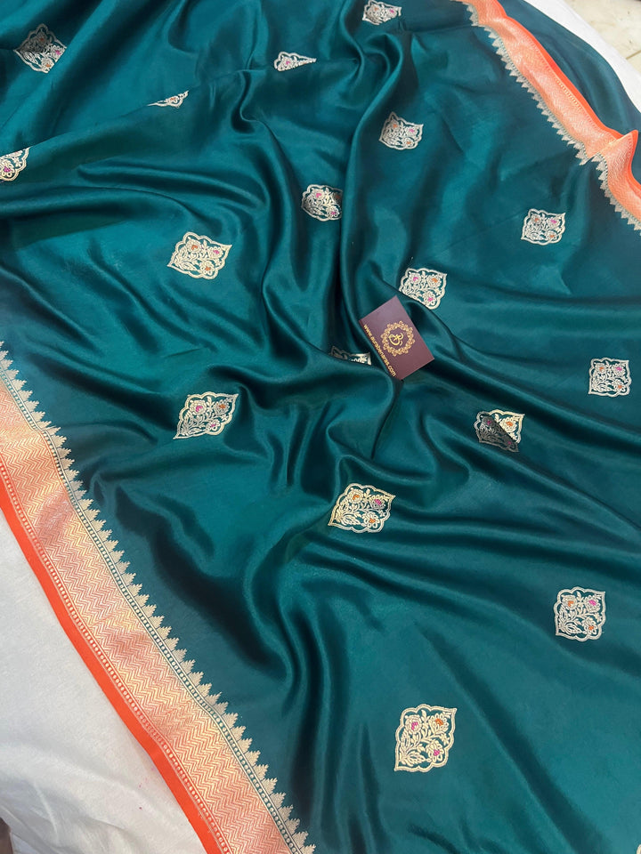 Teal Blue Pure Banarasi Handloom Silk Saree | Aura Benaras