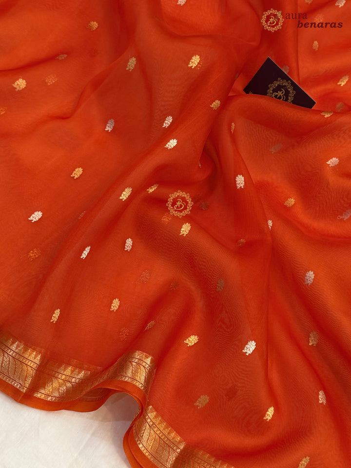 Pure Orange Kora Silk Banarasi Saree with Kadhwa Flower Butas
