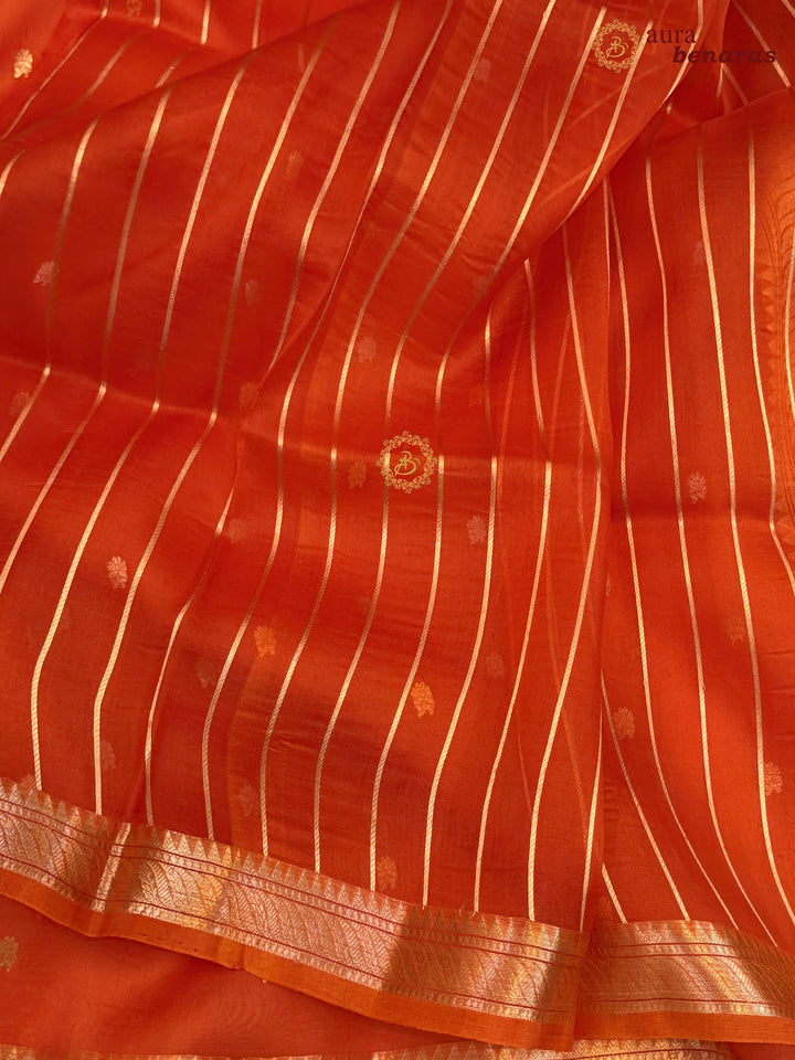 Pure Orange Kora Silk Banarasi Saree with Kadhwa Flower Butas