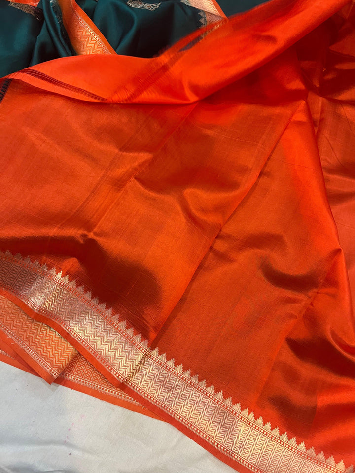 Teal Blue Pure Banarasi Handloom Silk Saree | Aura Benaras