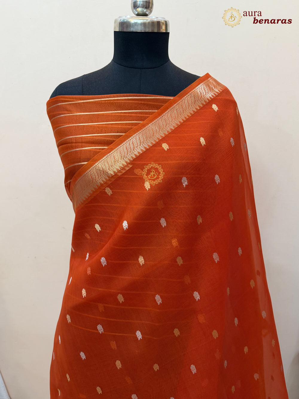 Pure Orange Kora Silk Banarasi Saree with Kadhwa Flower Butas