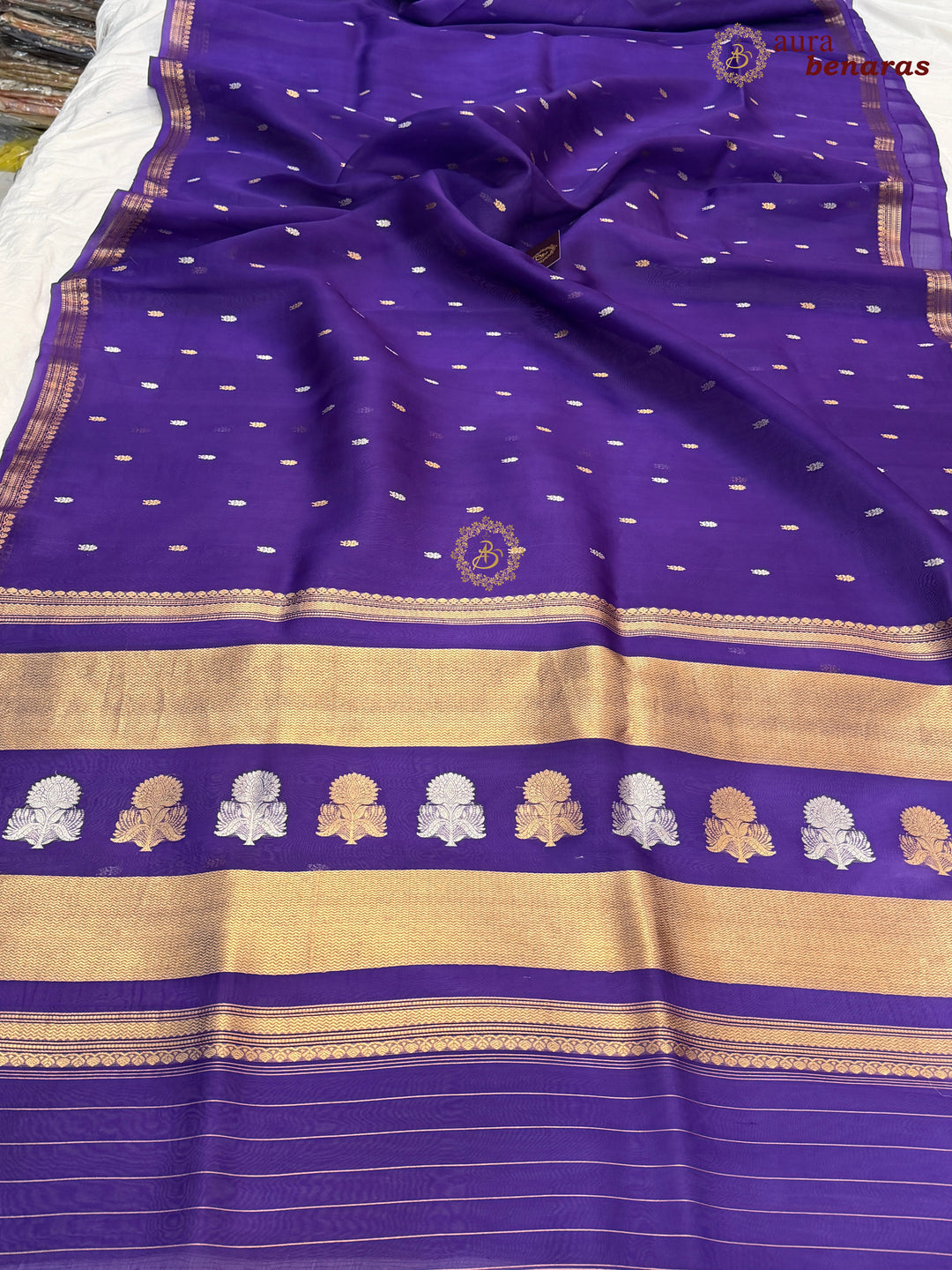 Pure Purple Kora Silk Banarasi Saree with Kadhwa Flower Butas