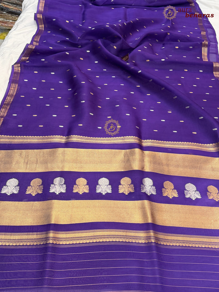 Pure Purple Kora Silk Banarasi Saree with Kadhwa Flower Butas