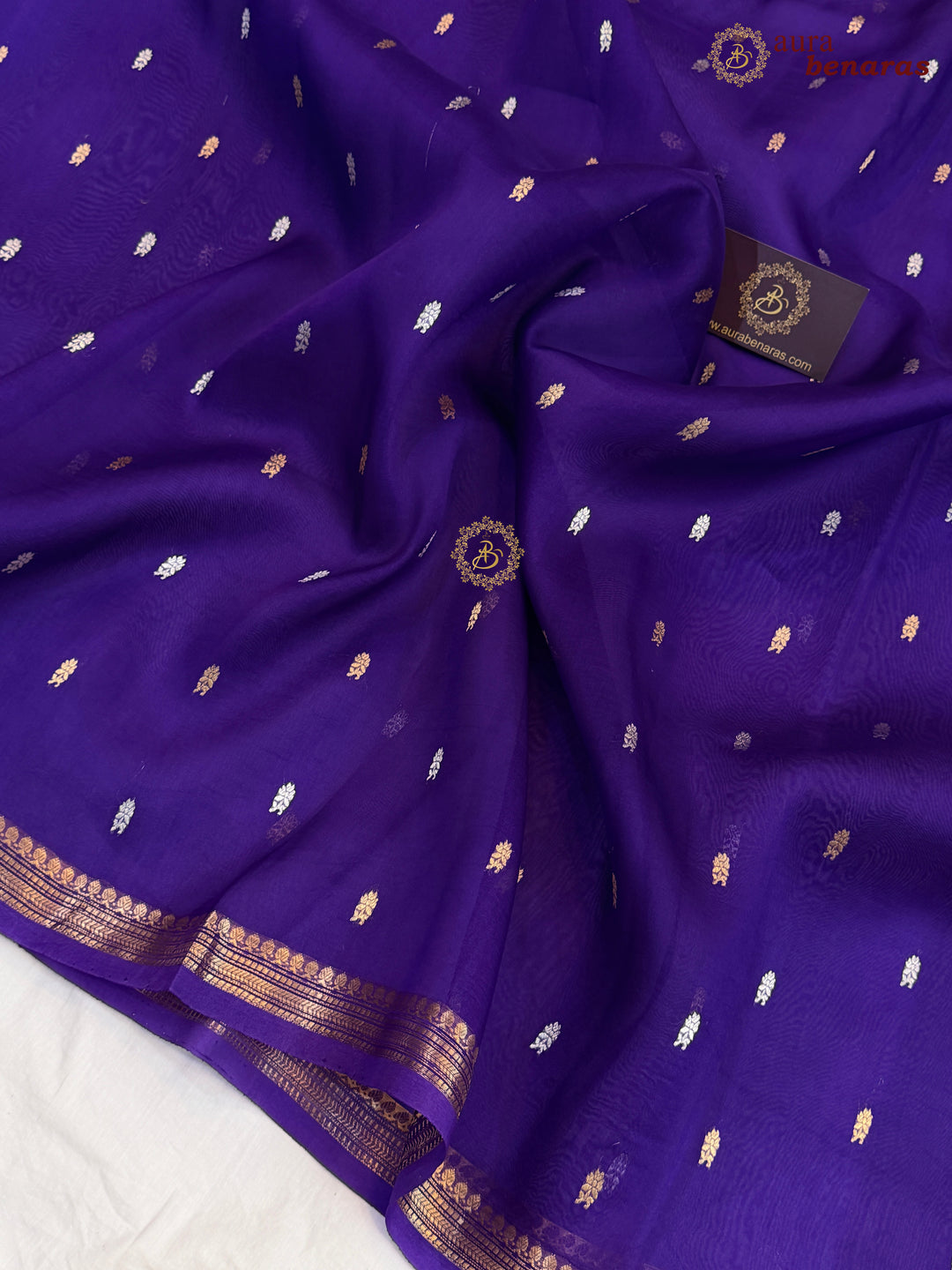 Pure Purple Kora Silk Banarasi Saree with Kadhwa Flower Butas