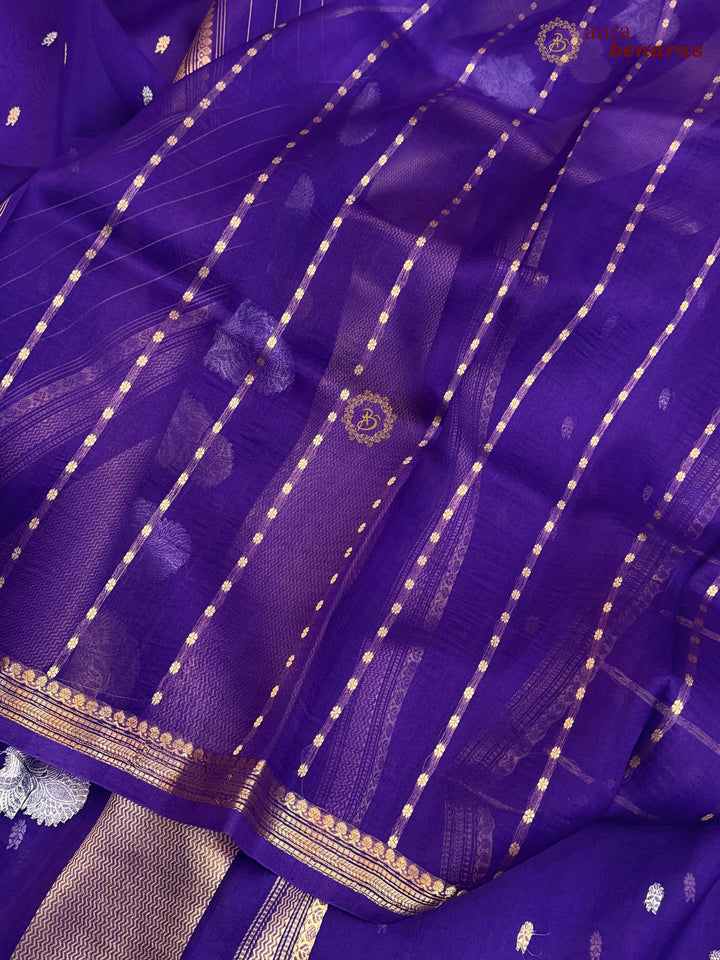 Pure Purple Kora Silk Banarasi Saree with Kadhwa Flower Butas