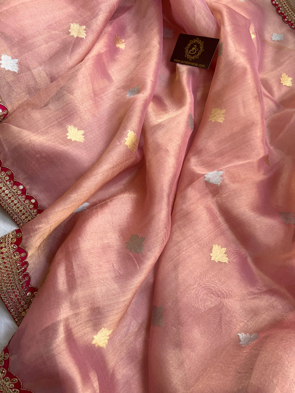 Pink Banarasi Handloom Organza Tissue Silk Saree - Aura Benaras