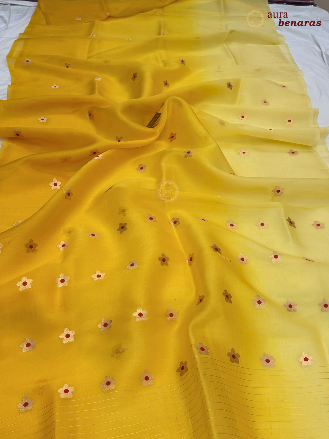 Yellow Pure Kora Silk Banarasi Saree with Kadhwa Zari Butas