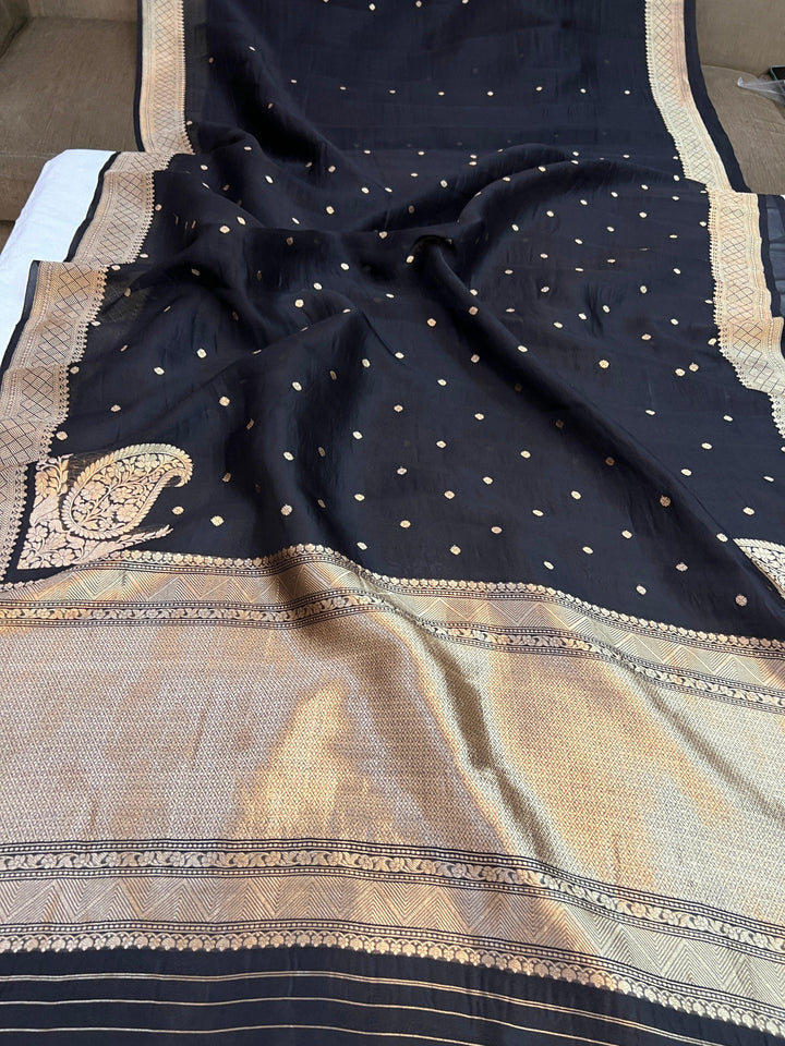 Black Pure Kora Silk Banarasi Saree | Butis & Konia