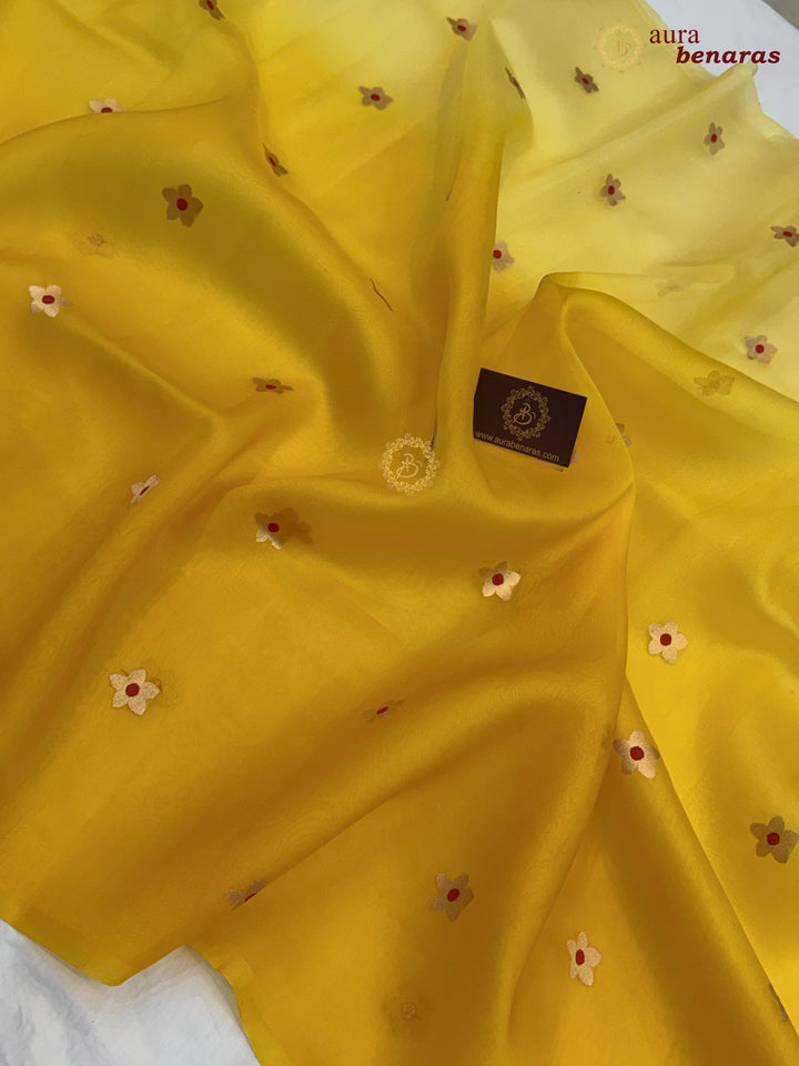 Yellow Pure Kora Silk Banarasi Saree with Kadhwa Zari Butas