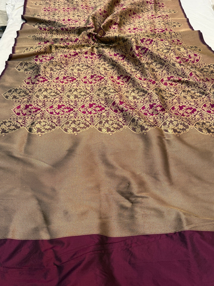 Wine Pure Katan silk Handloom Banarasi Saree