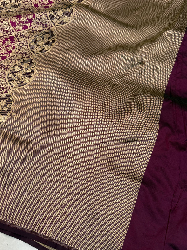 Wine Pure Katan silk Handloom Banarasi Saree