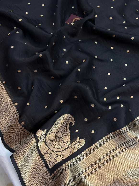 Black Pure Kora Silk Banarasi Saree | Butis & Konia