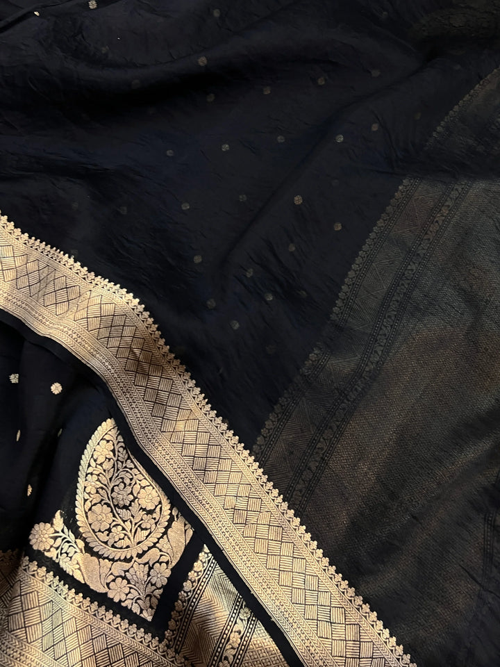 Black Pure Kora Silk Banarasi Saree | Butis & Konia