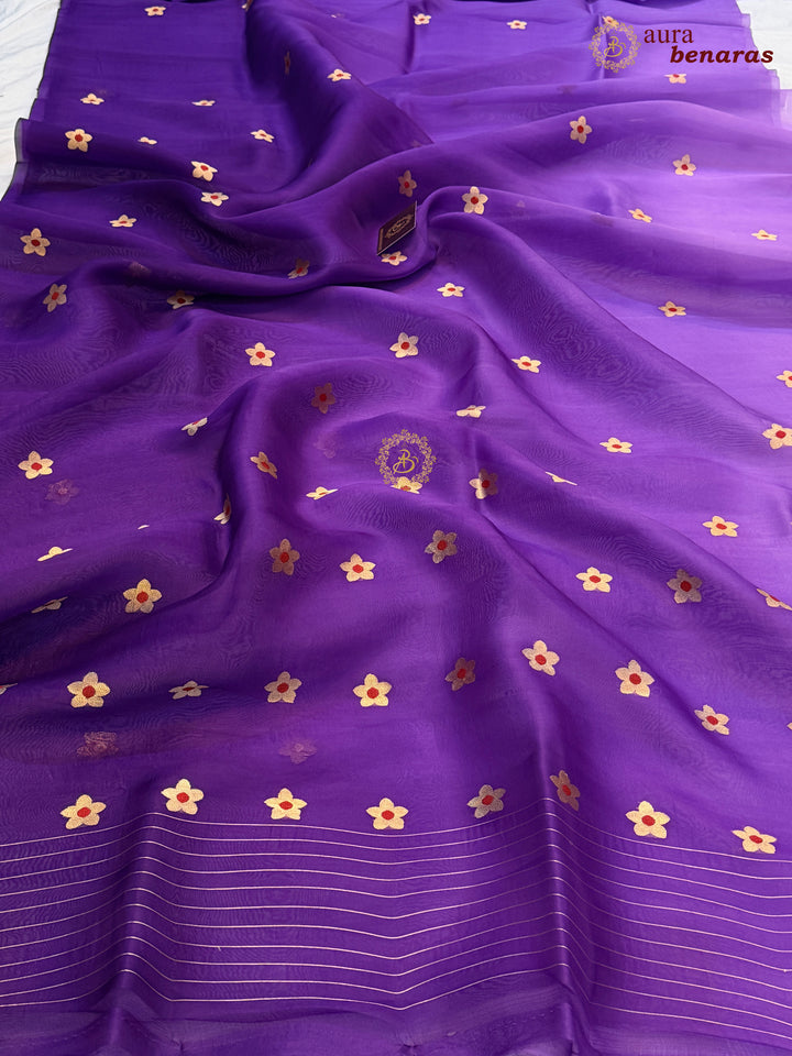 Purple Pure Kora Silk Banarasi Saree with Kadhwa Zari Butas