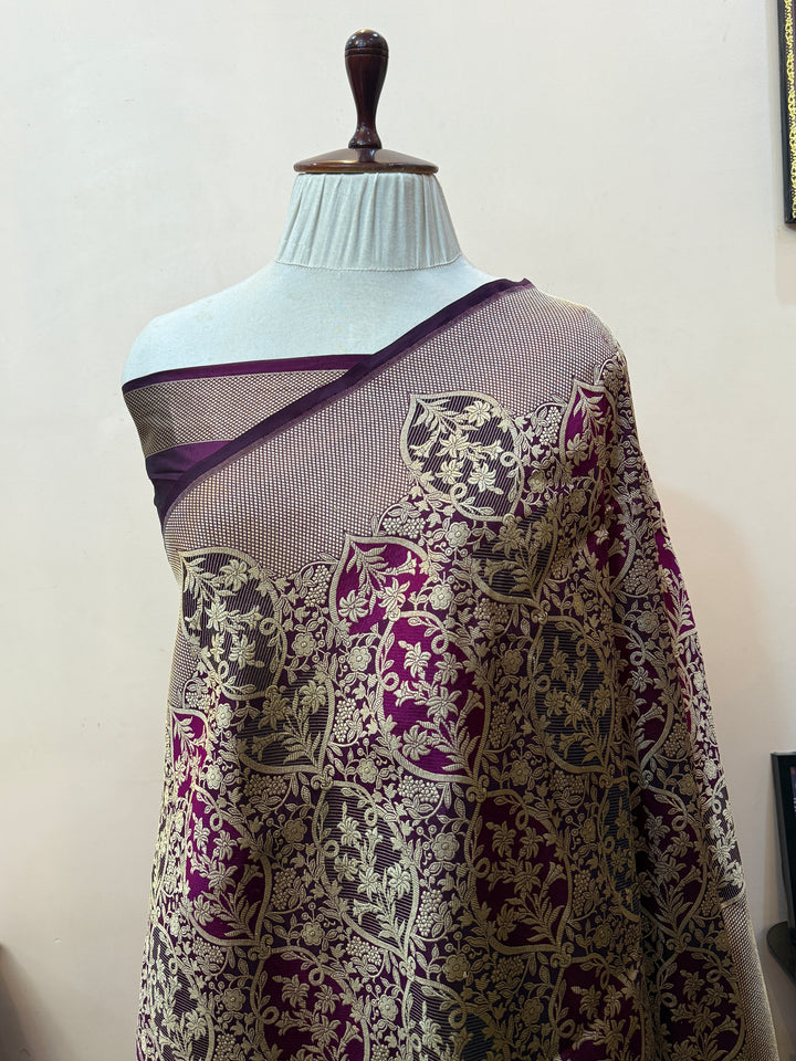 Wine Pure Katan silk Handloom Banarasi Saree