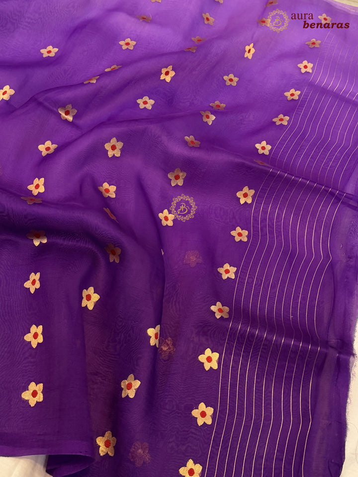 Purple Pure Kora Silk Banarasi Saree with Kadhwa Zari Butas