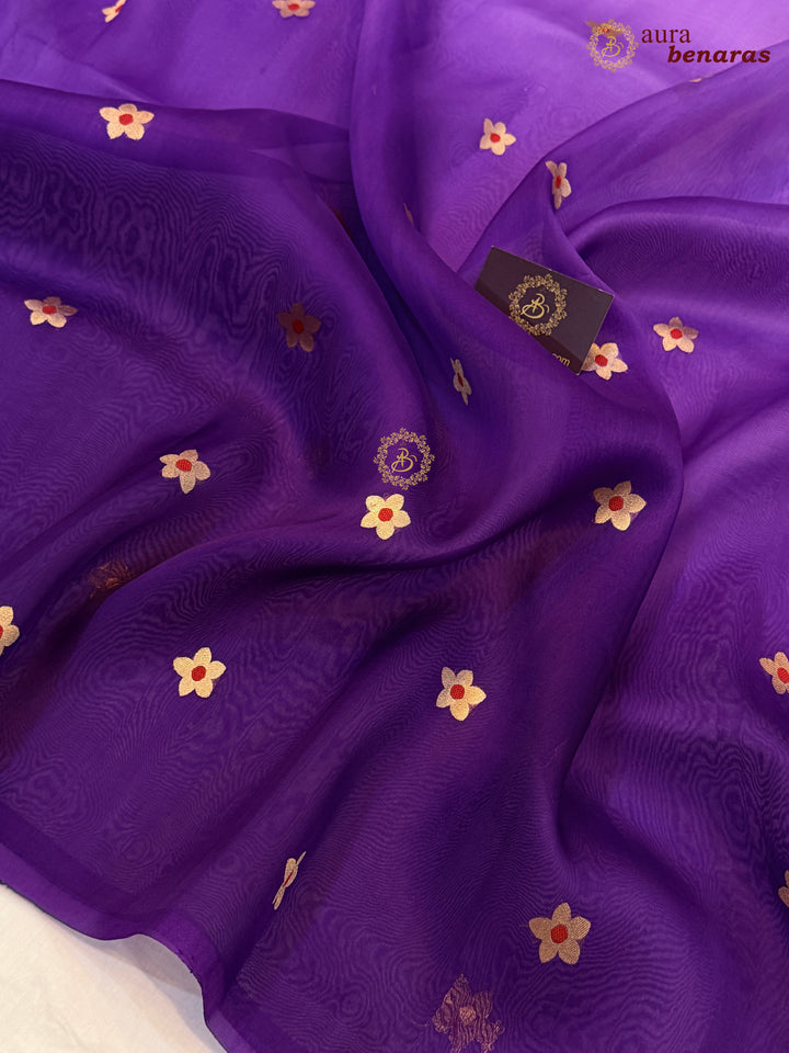 Purple Pure Kora Silk Banarasi Saree with Kadhwa Zari Butas