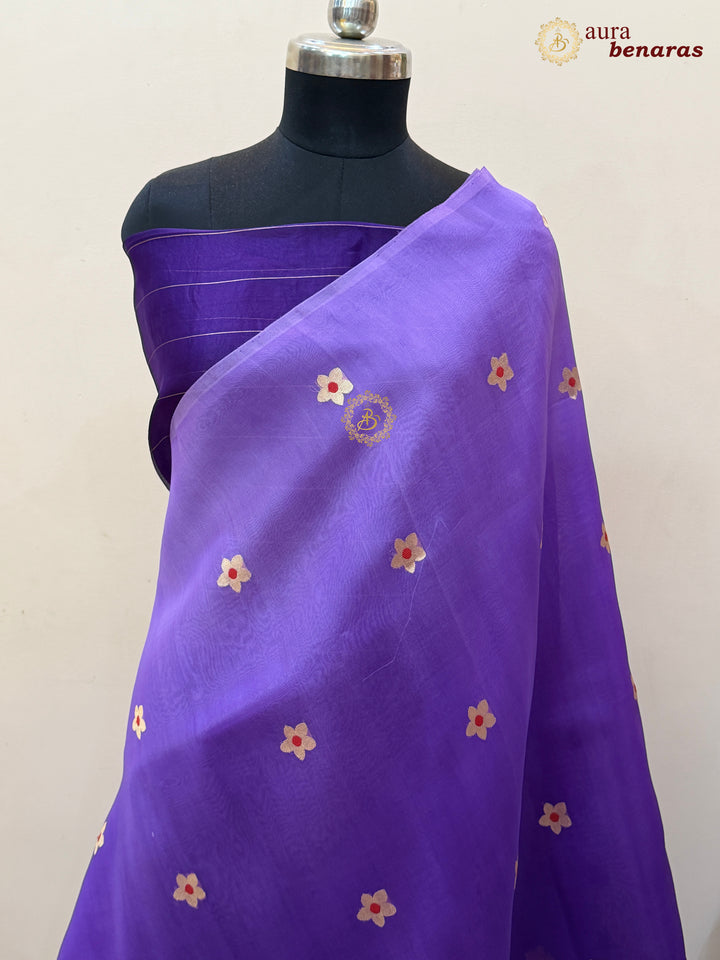 Purple Pure Kora Silk Banarasi Saree with Kadhwa Zari Butas
