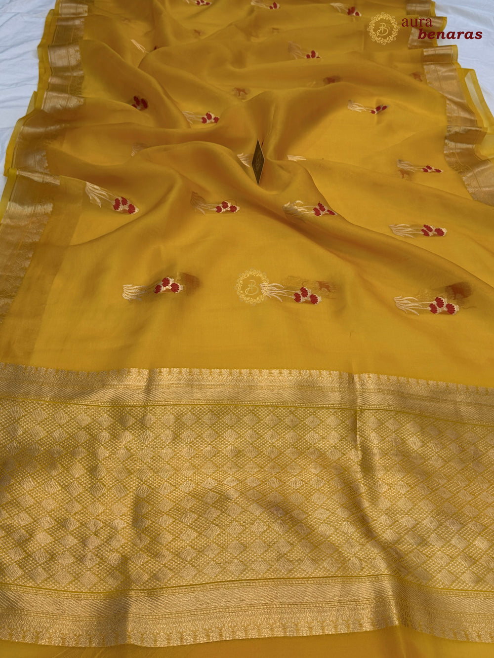 Yellow Kora Silk Banarasi Saree with Kadhwa Zari & Meenakari