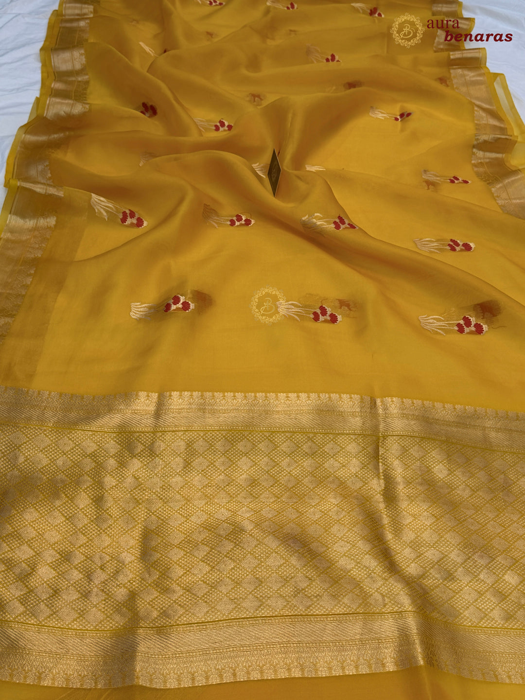 Yellow Kora Silk Banarasi Saree with Kadhwa Zari & Meenakari