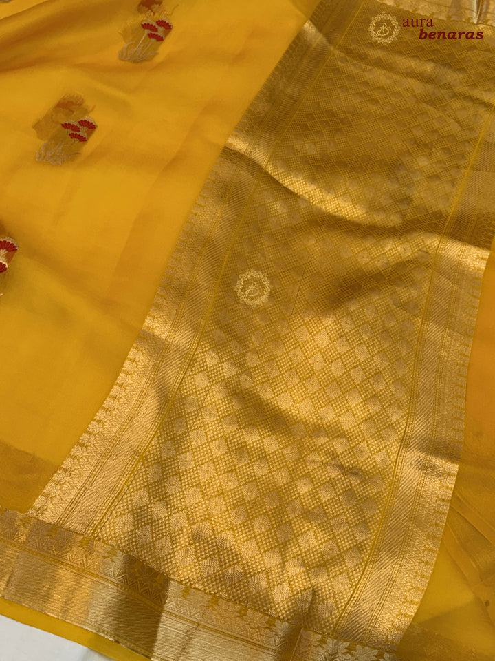 Yellow Kora Silk Banarasi Saree with Kadhwa Zari & Meenakari