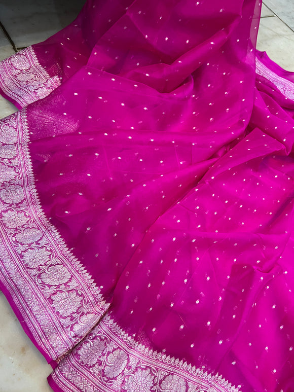 Hot Pink Khaddi Chiffon Banarasi Handloom Saree - Aura Benaras