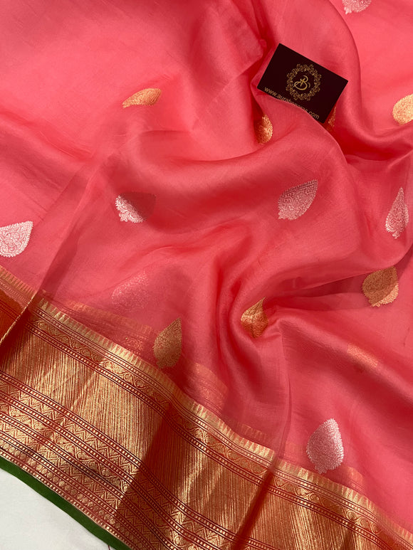 Strawberry Pink Banarasi Handloom Kora Silk Saree