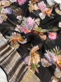 Black Banarasi Handloom Kora Silk Saree - Aura Benaras