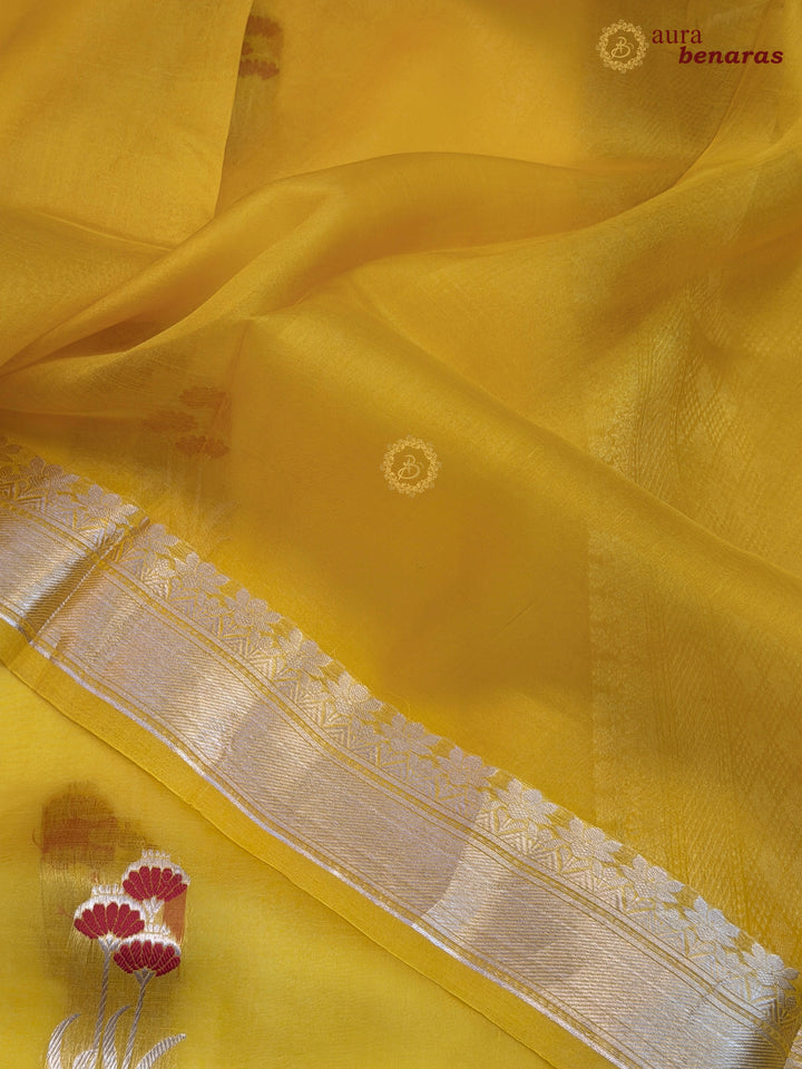 Yellow Kora Silk Banarasi Saree with Kadhwa Zari & Meenakari