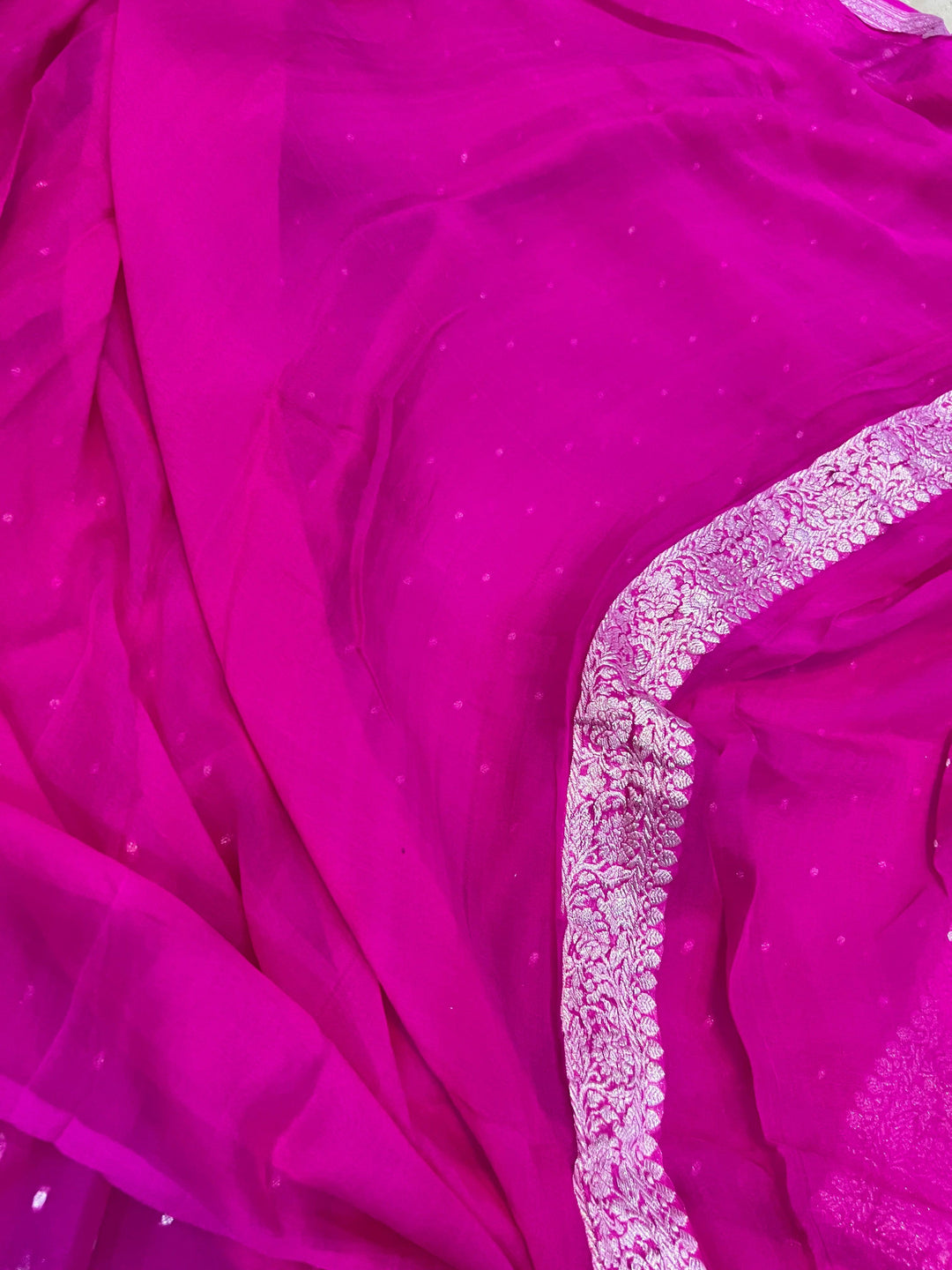 Hot Pink Khaddi Chiffon Banarasi Handloom Saree - Aura Benaras