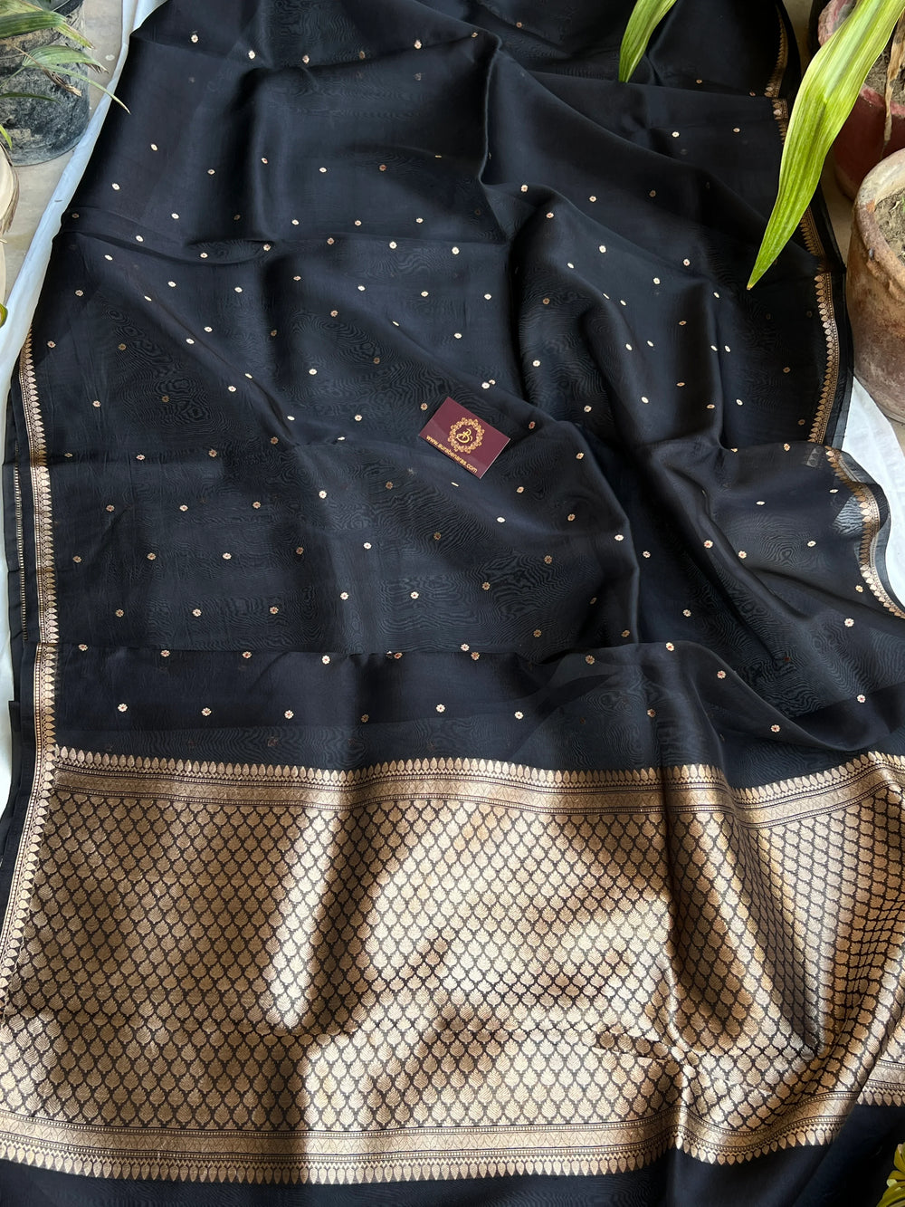 Black Kora Silk Banarasi Saree with Zari Butis 