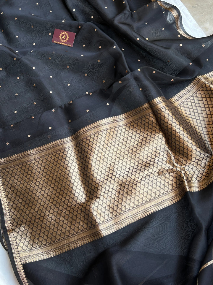 Black Kora Silk Banarasi Saree with Zari Butis 