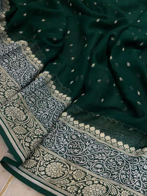 Bottle Green Pure Banarasi Khaddi Georgette Saree -Aura Benaras