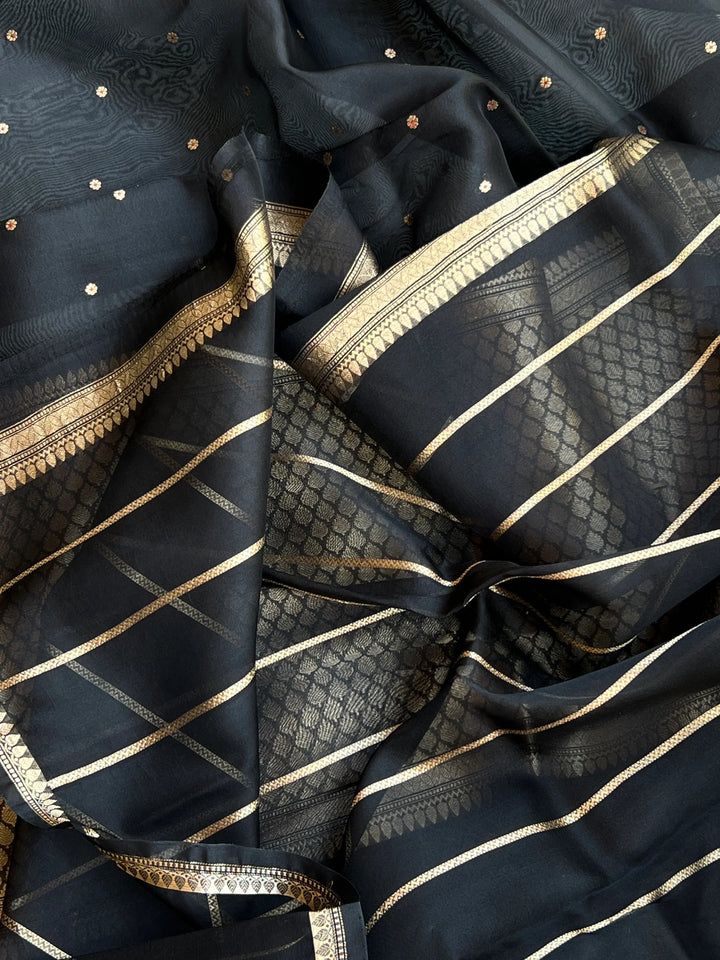 Black Kora Silk Banarasi Saree with Zari Butis 