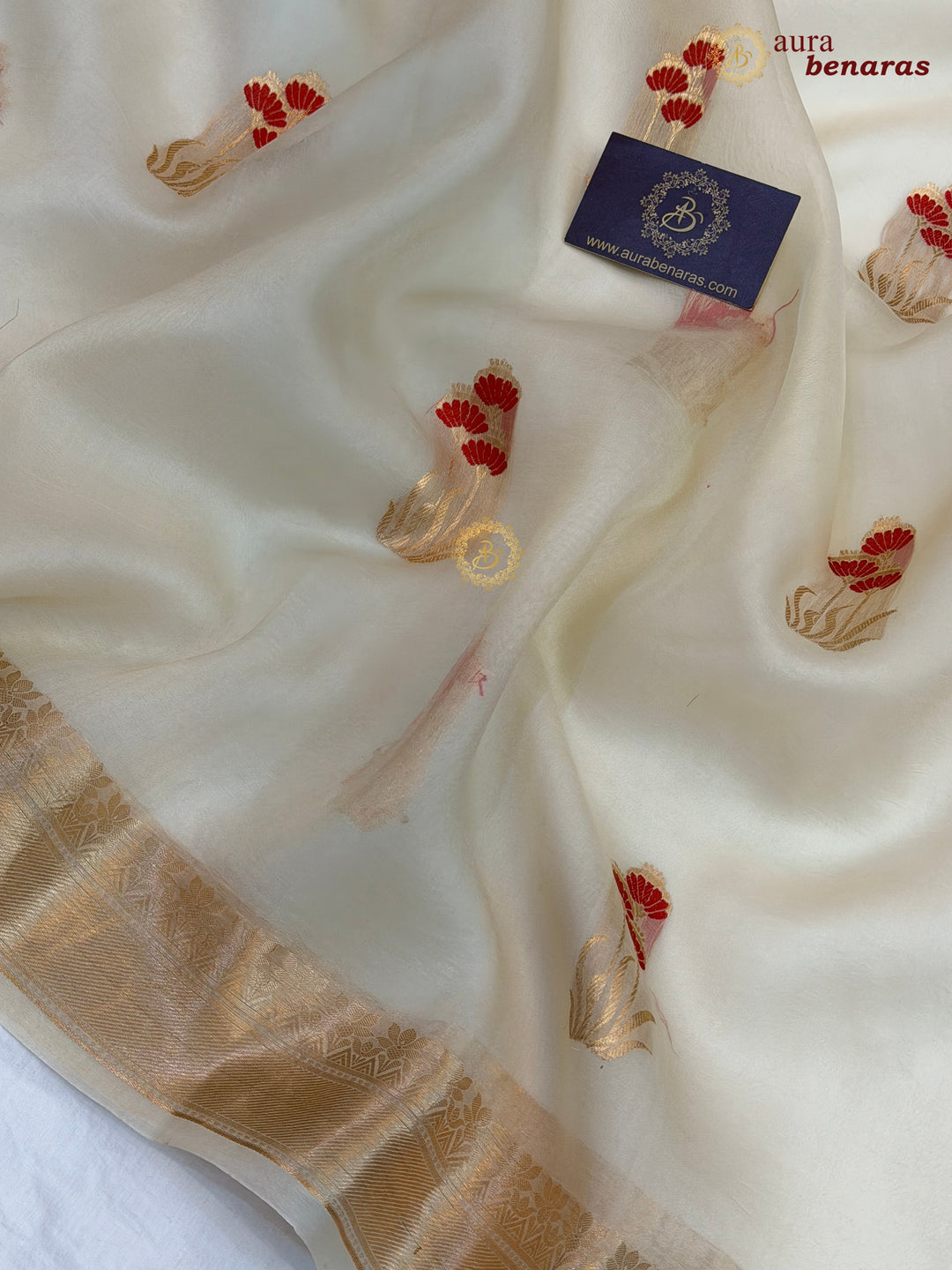 Off White Kora Silk Banarasi Saree with Kadhwa Zari & Meenakari