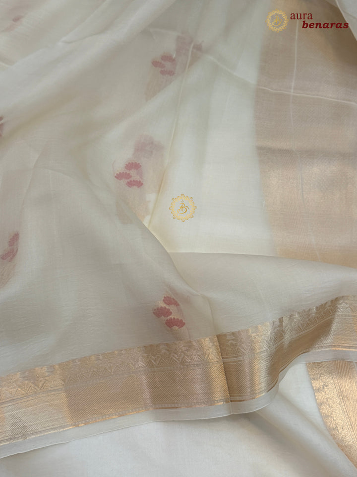 Off White Kora Silk Banarasi Saree with Kadhwa Zari & Meenakari