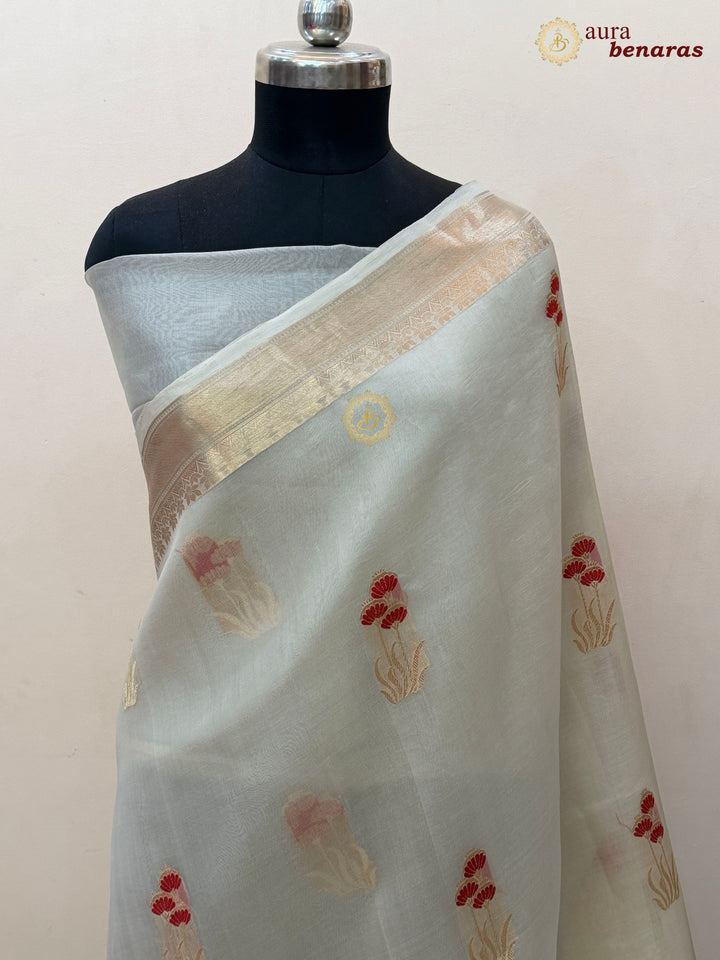Off White Kora Silk Banarasi Saree with Kadhwa Zari & Meenakari
