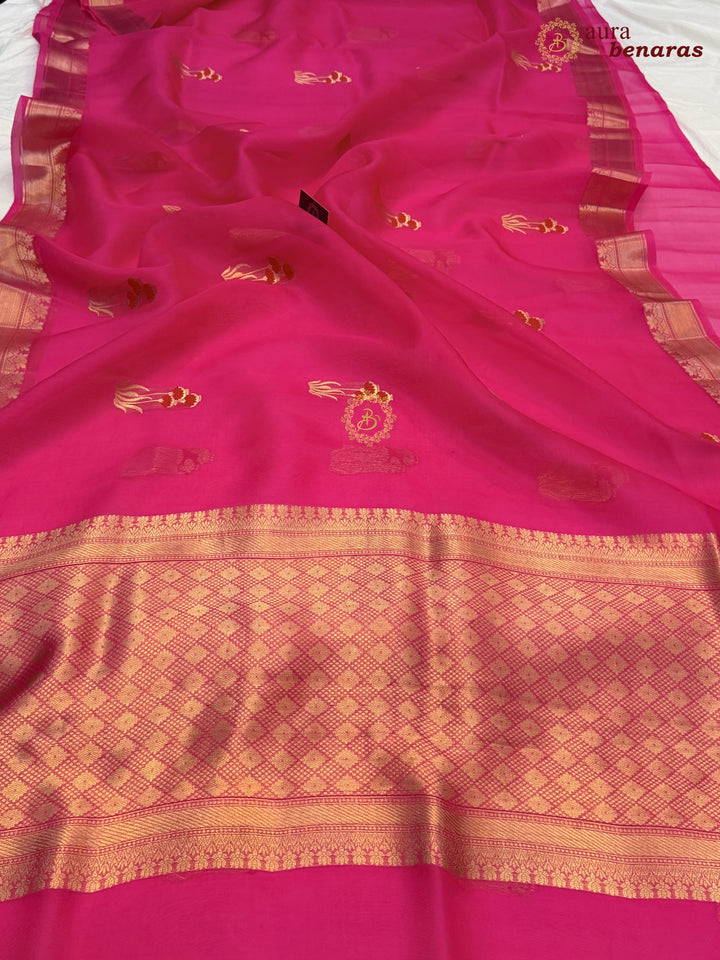 Hot Pink Kora Silk Banarasi Saree with Kadhwa Zari & Meenakari