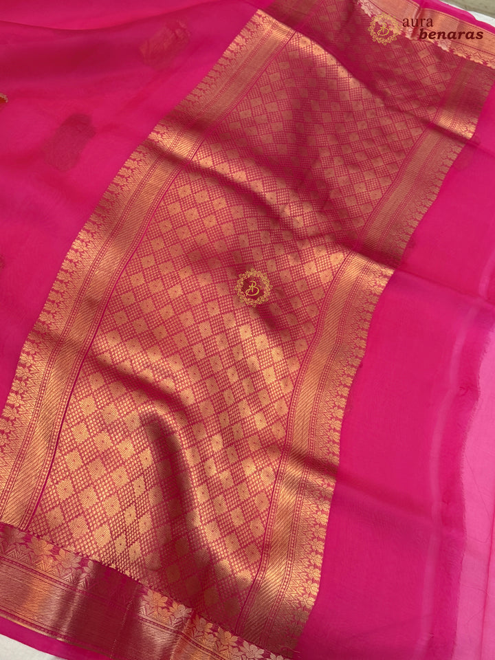 Hot Pink Kora Silk Banarasi Saree with Kadhwa Zari & Meenakari