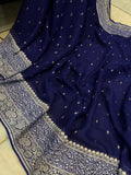 Navy Blue Pure Banarasi Khaddi Georgette Saree - Aura Benaras