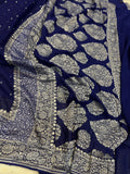 Navy Blue Pure Banarasi Khaddi Georgette Saree - Aura Benaras