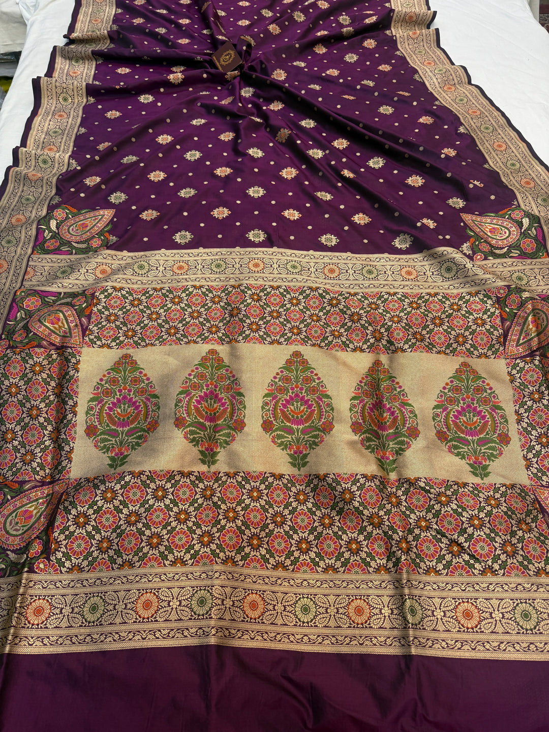 Wine Pure Katan silk Handloom Banarasi Saree