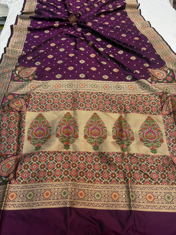 Wine Pure Katan silk Handloom Banarasi Saree