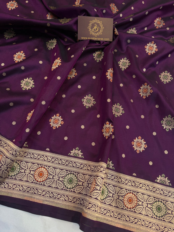 Wine Pure Katan silk Handloom Banarasi Saree