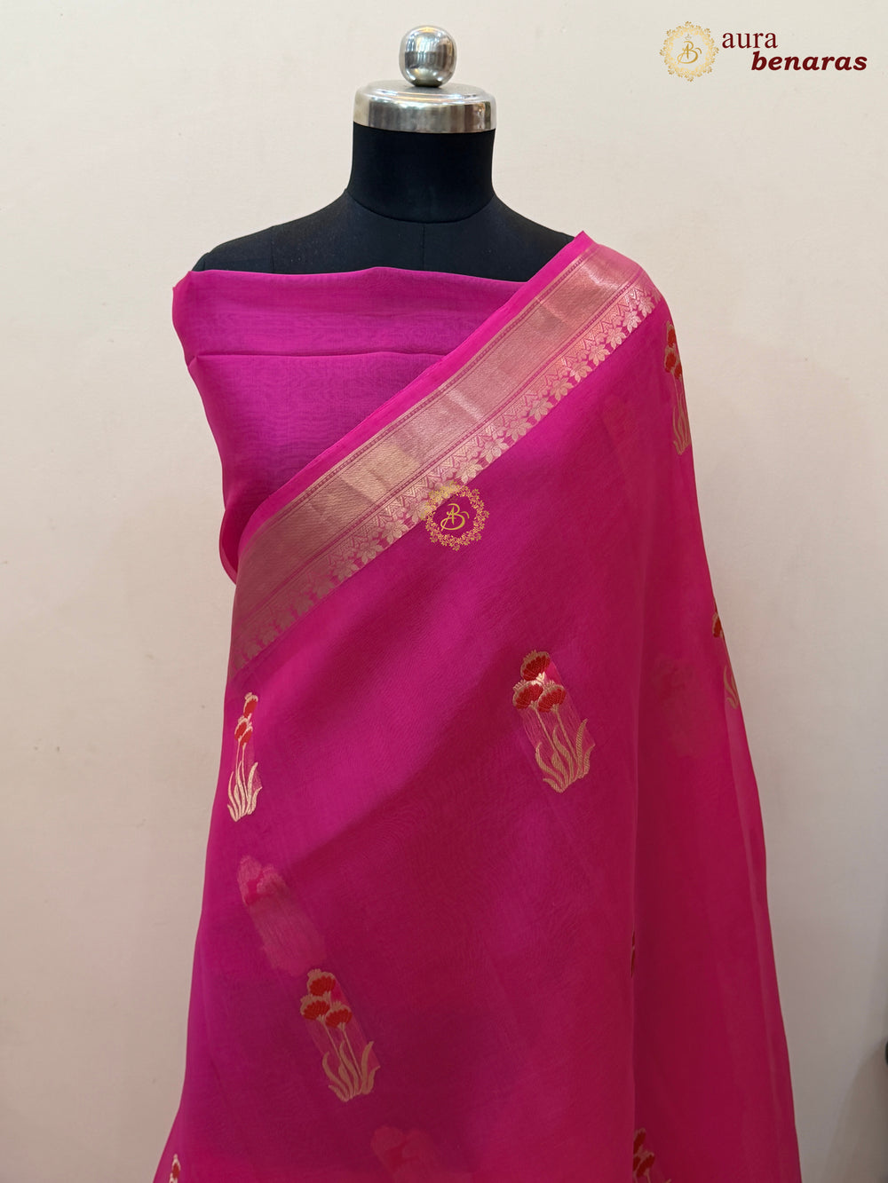 Hot Pink Kora Silk Banarasi Saree with Kadhwa Zari & Meenakari