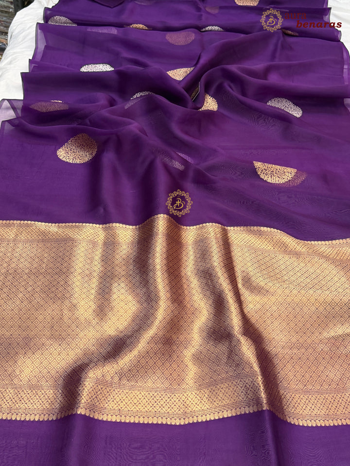 Deep Purple Pure Banarasi Handloom Kora Silk Saree - AuraBenaras