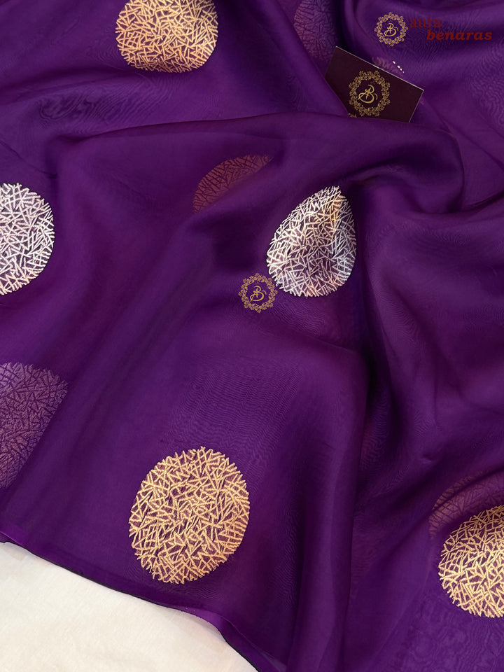Deep Purple Pure Banarasi Handloom Kora Silk Saree - AuraBenaras