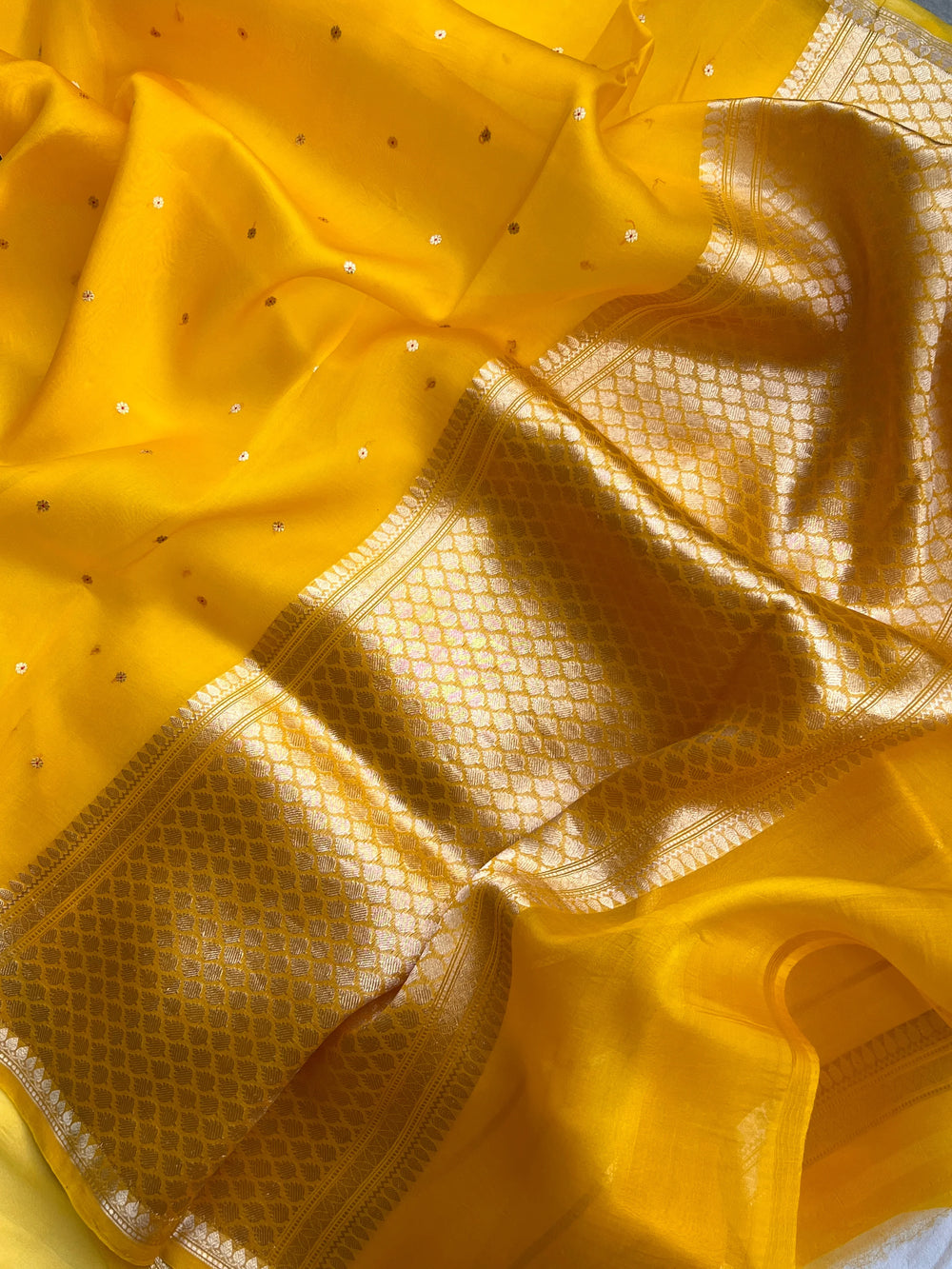 Yellow Kora Silk Banarasi Saree with Zari Butis 