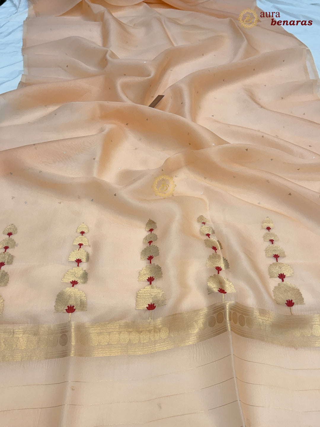 Pale Peach Kora Silk Banarasi Saree Kadhwa Butis 