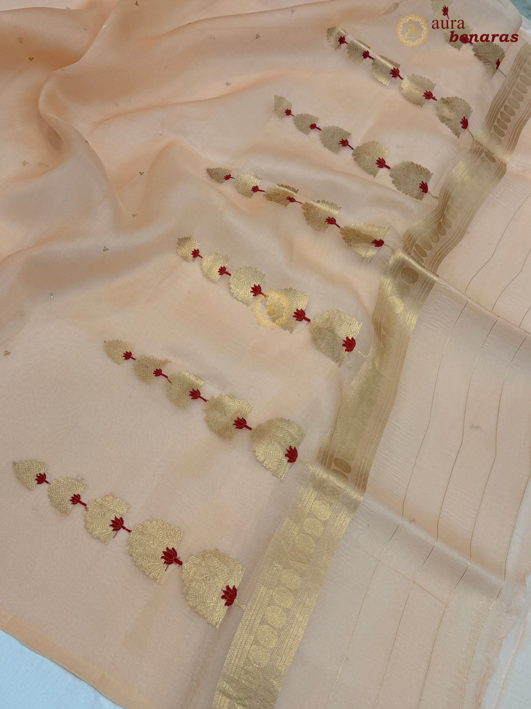 Pale Peach Kora Silk Banarasi Saree Kadhwa Butis 